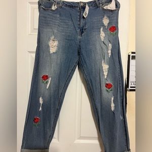 Floral distressed denim jeans